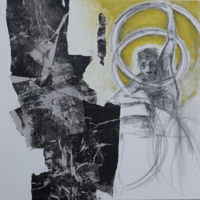 Acrylgemälde eines Tänzers inmitten von abstrakten schwarzen und weissen Strukturen und Kreisen 